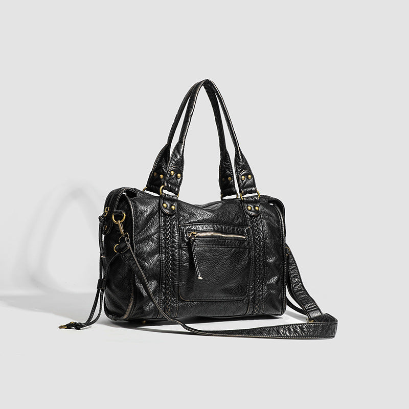 Cross-border hot-selling French retro motorcycle bags, shoulder crossbody bags, tote bags, large bags, women's large-capacity bags, washed bags